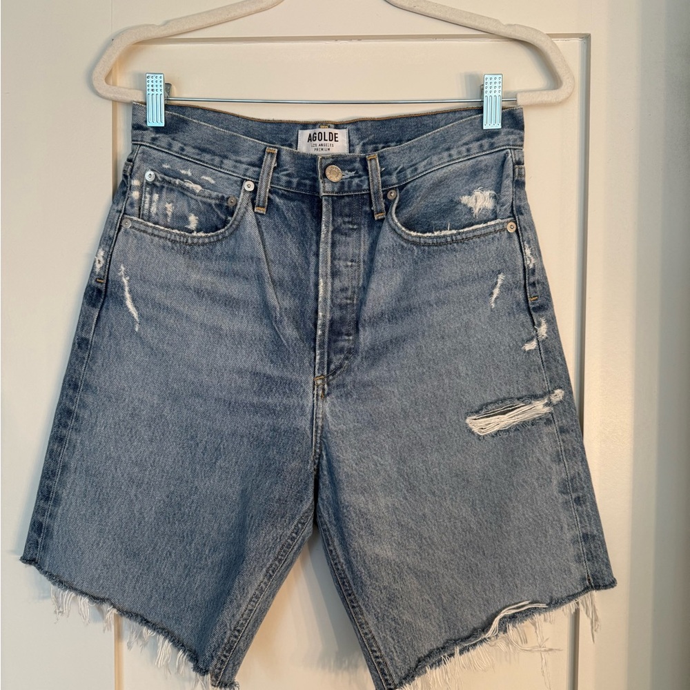 AGOLDE Women's Distressed Long Denim Shorts Blue Size 26